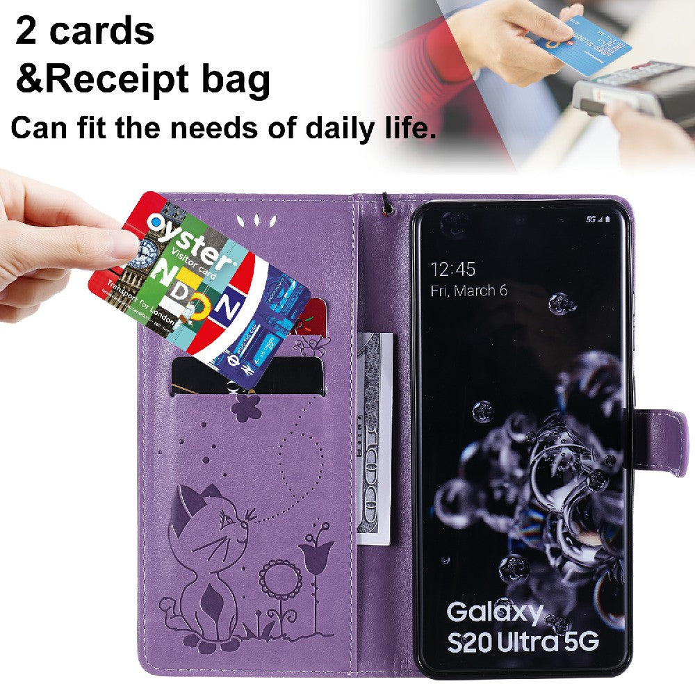 Folio Book Style KT Imprinting Flower Series-4 Cat and Bee Pattern Imprinting Leather Wallet Stand Case with Strap for Samsung Galaxy S20 Ultra - Purple