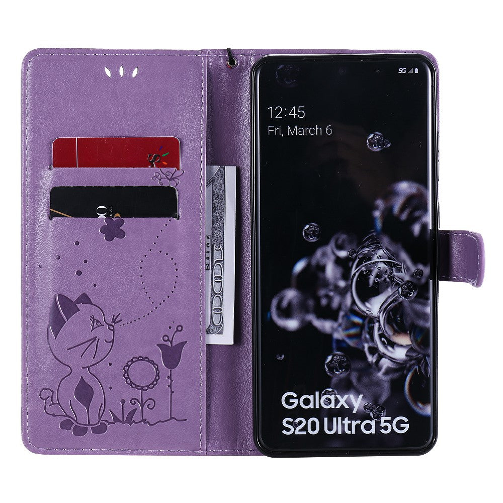 Folio Book Style KT Imprinting Flower Series-4 Cat and Bee Pattern Imprinting Leather Wallet Stand Case with Strap for Samsung Galaxy S20 Ultra - Purple