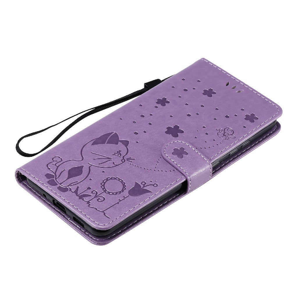 Folio Book Style KT Imprinting Flower Series-4 Cat and Bee Pattern Imprinting Leather Wallet Stand Case with Strap for Samsung Galaxy S20 Ultra - Purple