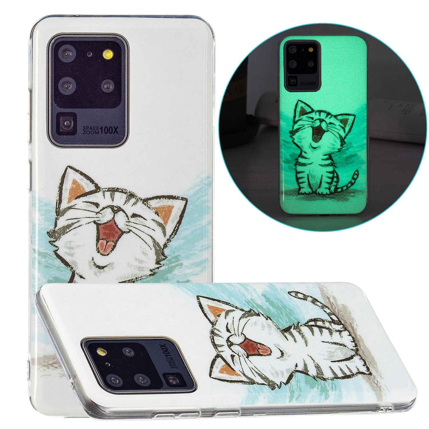 Noctilucent IMD TPU Mobile Phone Protective Case Cover for Samsung Galaxy S20 Ultra 4G/5G - Happy Cat