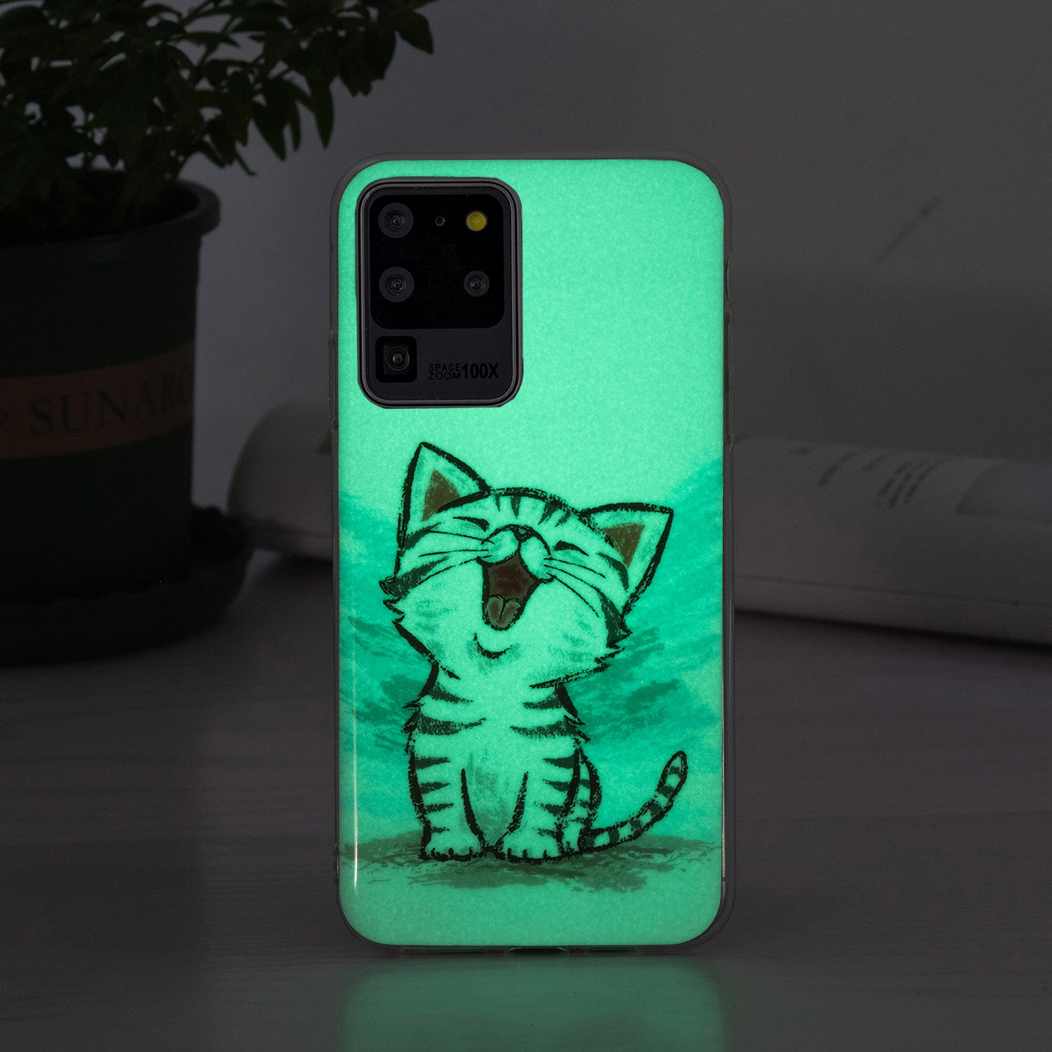 Noctilucent IMD TPU Mobile Phone Protective Case Cover for Samsung Galaxy S20 Ultra 4G/5G - Happy Cat