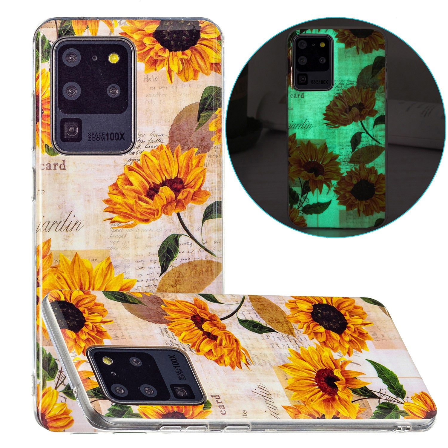 Noctilucent IMD TPU Mobile Phone Protective Case Cover for Samsung Galaxy S20 Ultra 4G/5G - Sun Flower