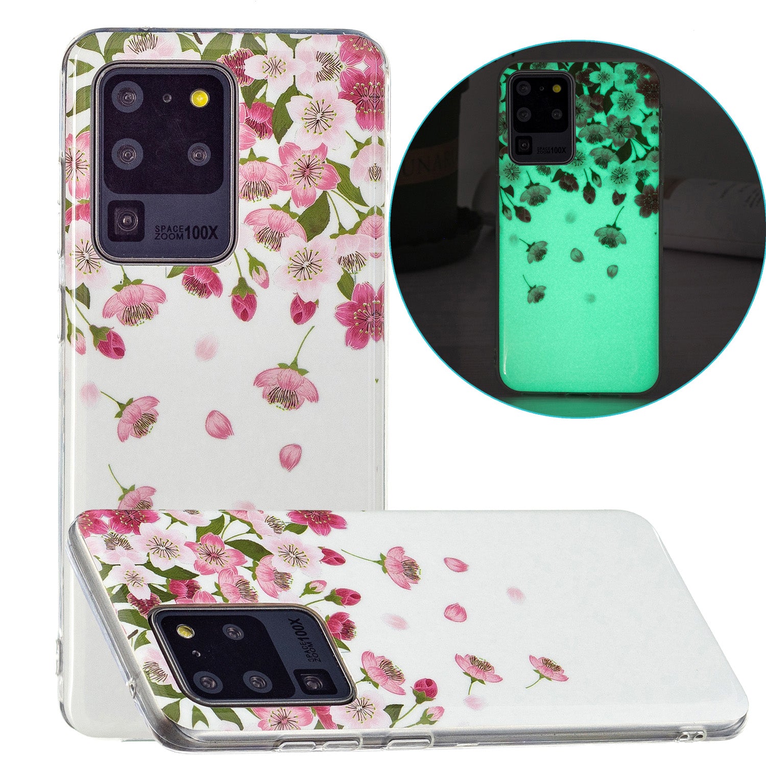 Noctilucent IMD TPU Mobile Phone Protective Case Cover for Samsung Galaxy S20 Ultra 4G/5G - Cherry Blossoms