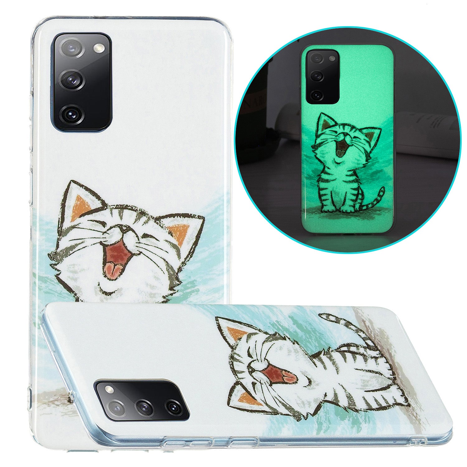 Luminous IMD TPU Phone Case Back Cover Shell for Samsung Galaxy S20 FE 2022/S20 FE 4G/S20 FE 5G/S20 Lite - Happy Cat