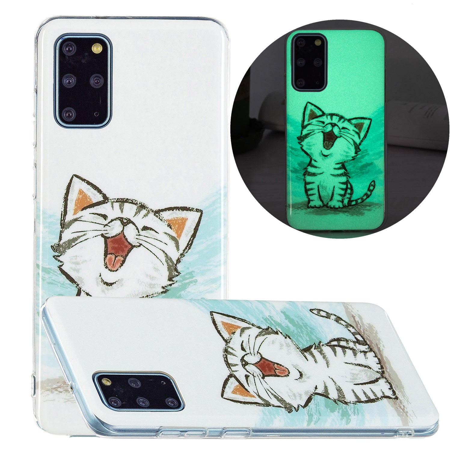 Noctilucent Lightweight Slim Stylish Soft TPU Glow in The Dark Cover Shockproof Cell Phone Case for Samsung Galaxy S20 Plus 4G/5G - Happy Cat