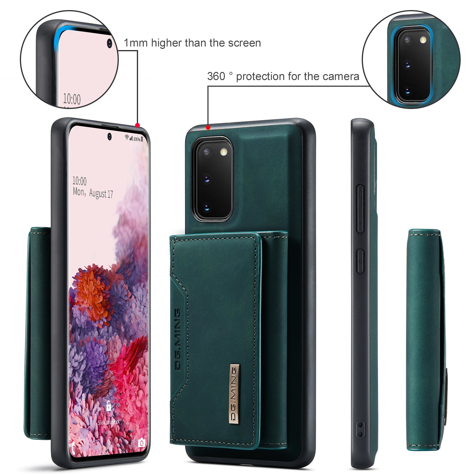 DG.MING M2 Series Wireless Charging Detachable Wallet 2-in-1 Shockproof Hybrid Phone Cover Shell with Horizontal-Viewing Kickstand for Samsung Galaxy S20 4G/S20 5G - Green