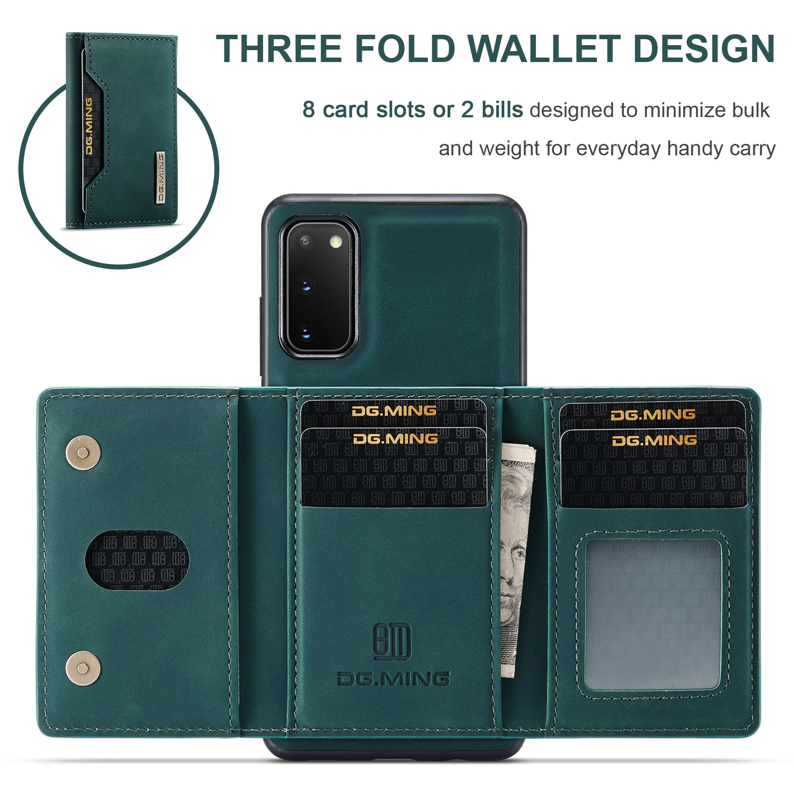 DG.MING M2 Series Wireless Charging Detachable Wallet 2-in-1 Shockproof Hybrid Phone Cover Shell with Horizontal-Viewing Kickstand for Samsung Galaxy S20 4G/S20 5G - Green