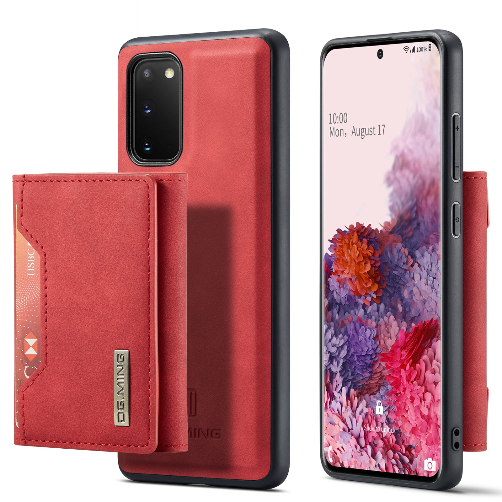 DG.MING M2 Series Wireless Charging Detachable Wallet 2-in-1 Shockproof Hybrid Phone Cover Shell with Horizontal-Viewing Kickstand for Samsung Galaxy S20 4G/S20 5G - Red