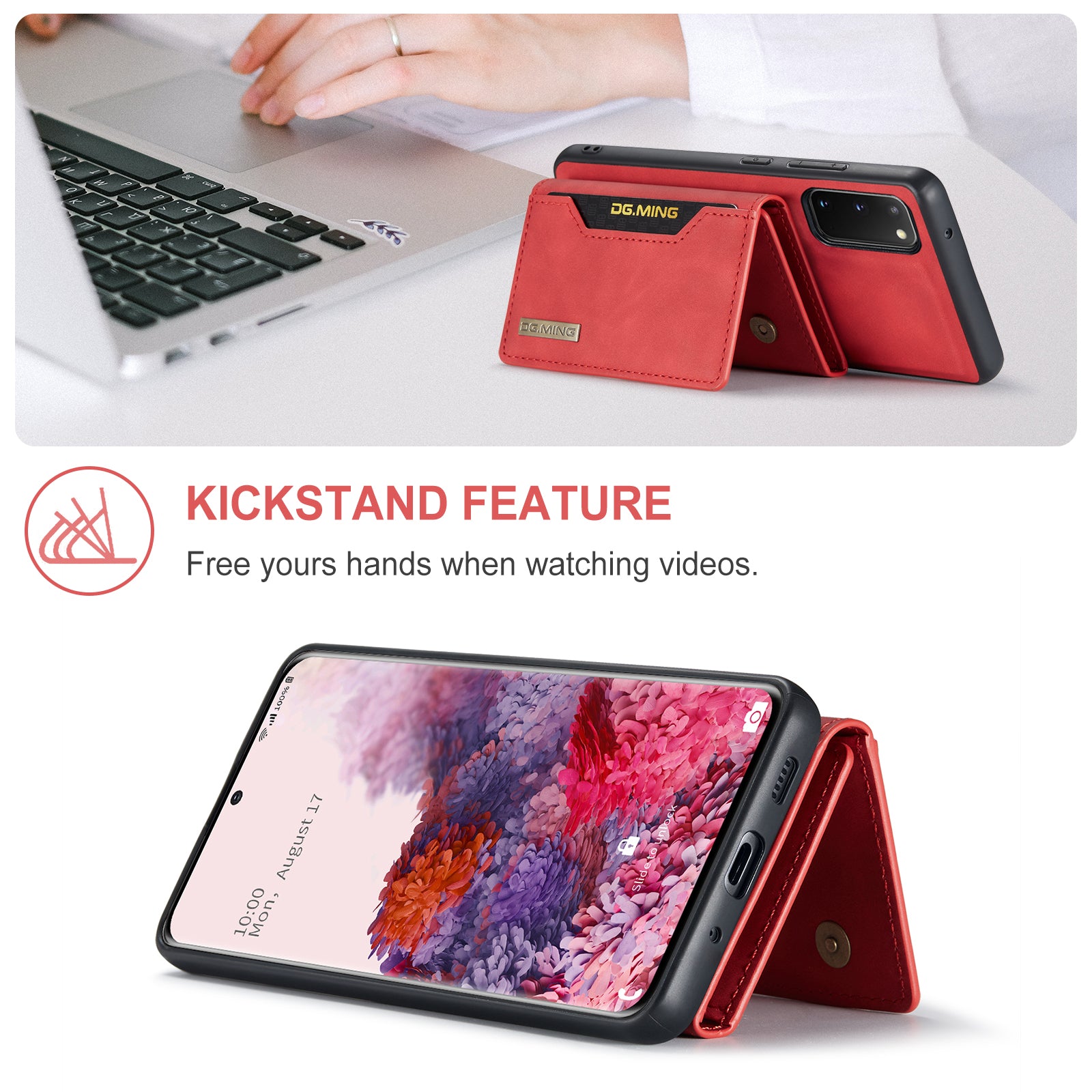 DG.MING M2 Series Wireless Charging Detachable Wallet 2-in-1 Shockproof Hybrid Phone Cover Shell with Horizontal-Viewing Kickstand for Samsung Galaxy S20 4G/S20 5G - Red