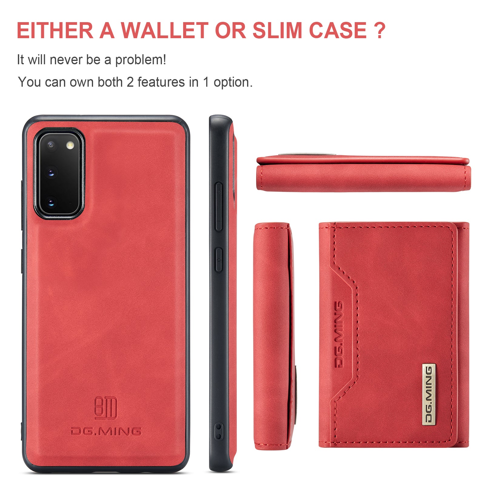 DG.MING M2 Series Wireless Charging Detachable Wallet 2-in-1 Shockproof Hybrid Phone Cover Shell with Horizontal-Viewing Kickstand for Samsung Galaxy S20 4G/S20 5G - Red