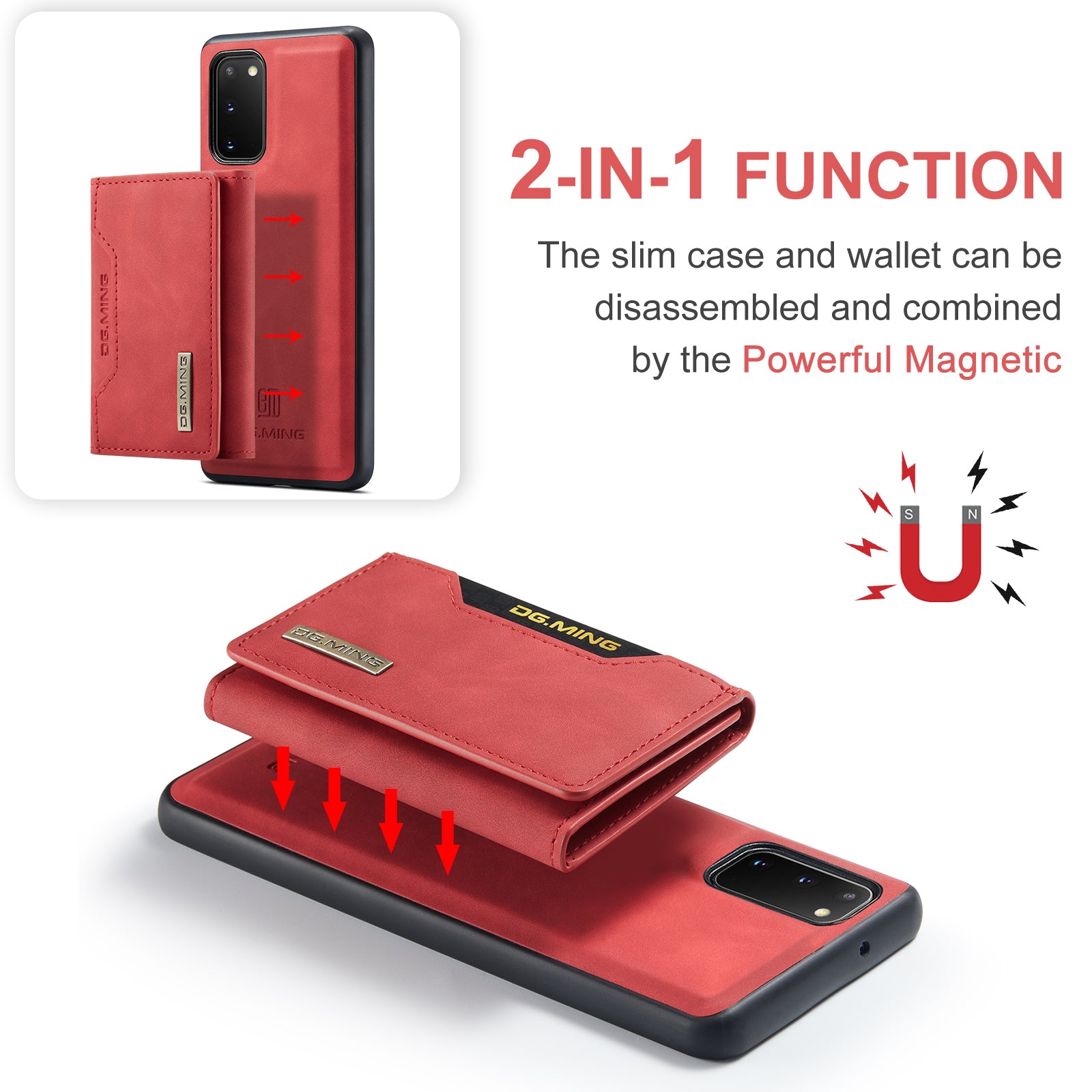 DG.MING M2 Series Wireless Charging Detachable Wallet 2-in-1 Shockproof Hybrid Phone Cover Shell with Horizontal-Viewing Kickstand for Samsung Galaxy S20 4G/S20 5G - Red