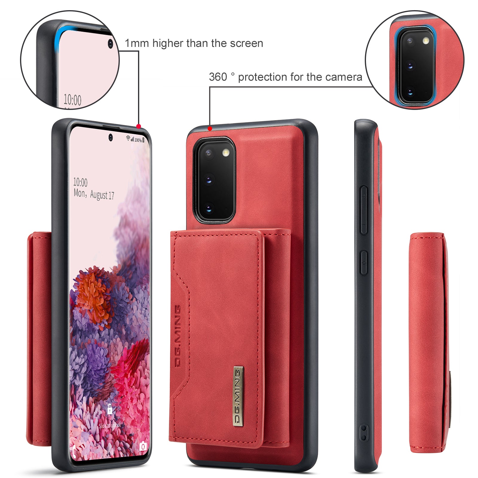 DG.MING M2 Series Wireless Charging Detachable Wallet 2-in-1 Shockproof Hybrid Phone Cover Shell with Horizontal-Viewing Kickstand for Samsung Galaxy S20 4G/S20 5G - Red