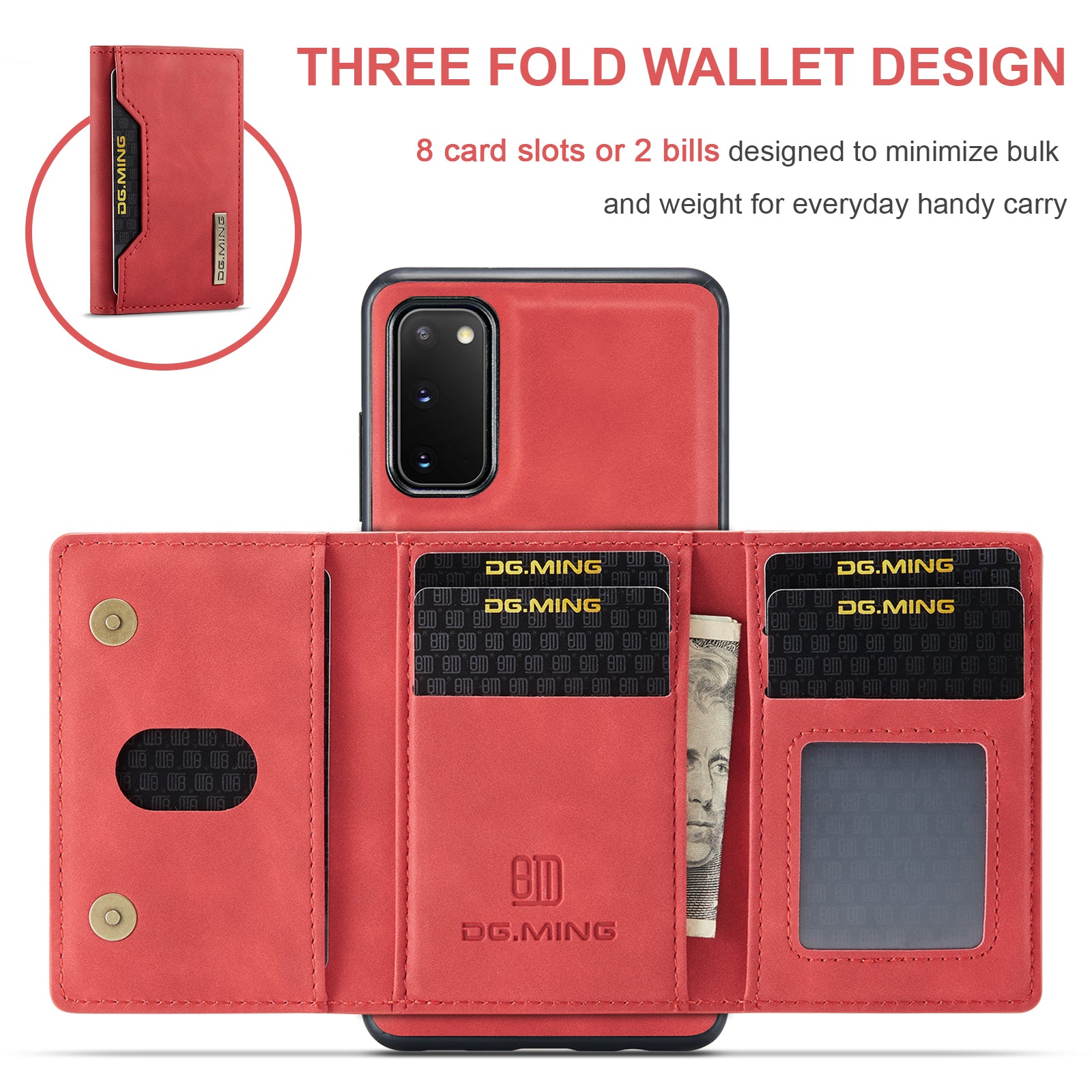 DG.MING M2 Series Wireless Charging Detachable Wallet 2-in-1 Shockproof Hybrid Phone Cover Shell with Horizontal-Viewing Kickstand for Samsung Galaxy S20 4G/S20 5G - Red