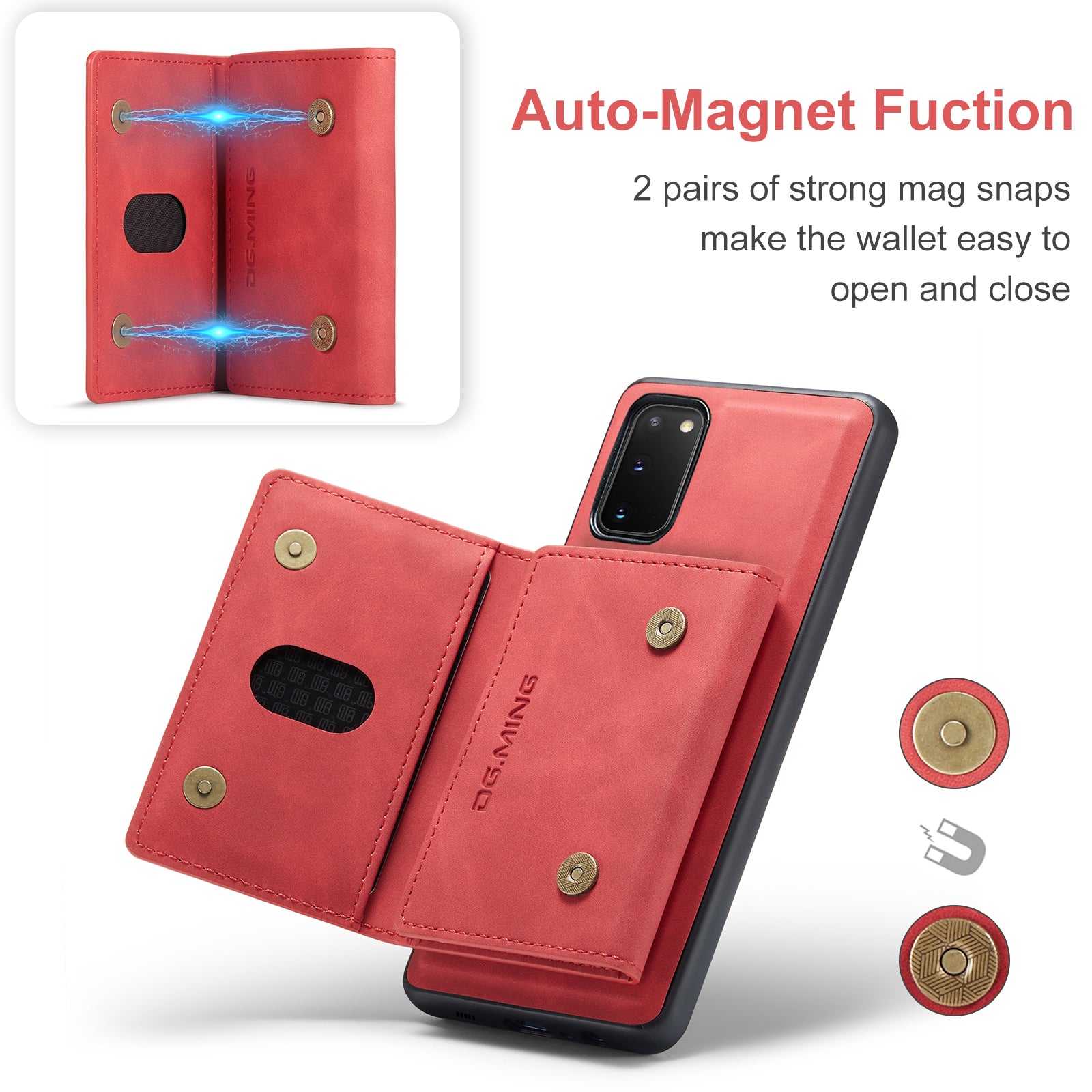 DG.MING M2 Series Wireless Charging Detachable Wallet 2-in-1 Shockproof Hybrid Phone Cover Shell with Horizontal-Viewing Kickstand for Samsung Galaxy S20 4G/S20 5G - Red