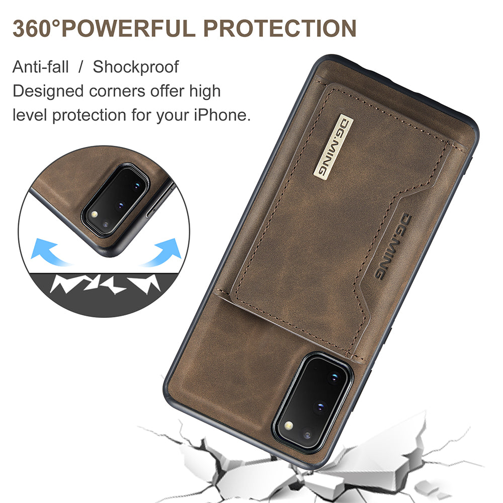 DG.MING M2 Series Wireless Charging Detachable Wallet 2-in-1 Shockproof Hybrid Phone Cover Shell with Horizontal-Viewing Kickstand for Samsung Galaxy S20 4G/S20 5G - Coffee