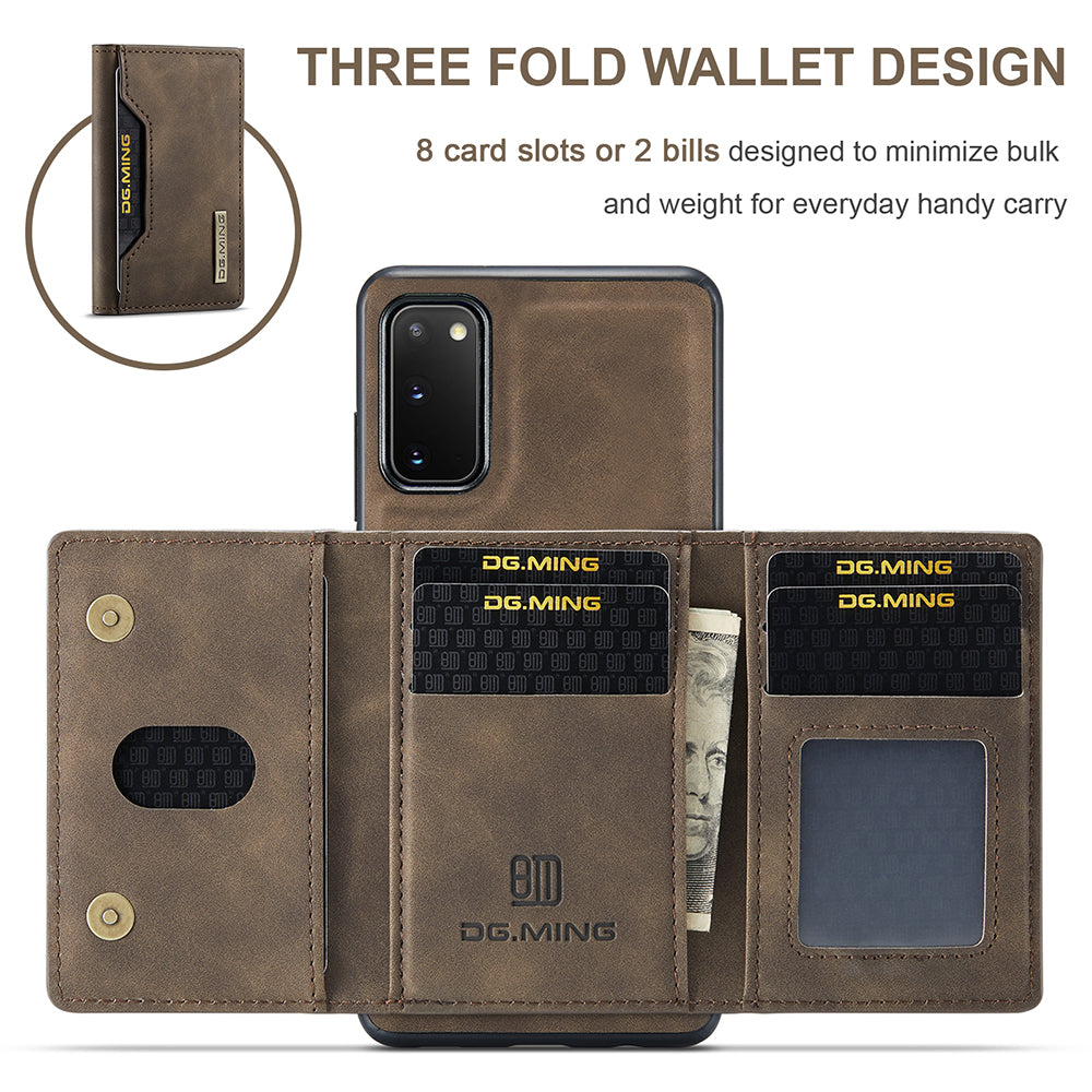 DG.MING M2 Series Wireless Charging Detachable Wallet 2-in-1 Shockproof Hybrid Phone Cover Shell with Horizontal-Viewing Kickstand for Samsung Galaxy S20 4G/S20 5G - Coffee