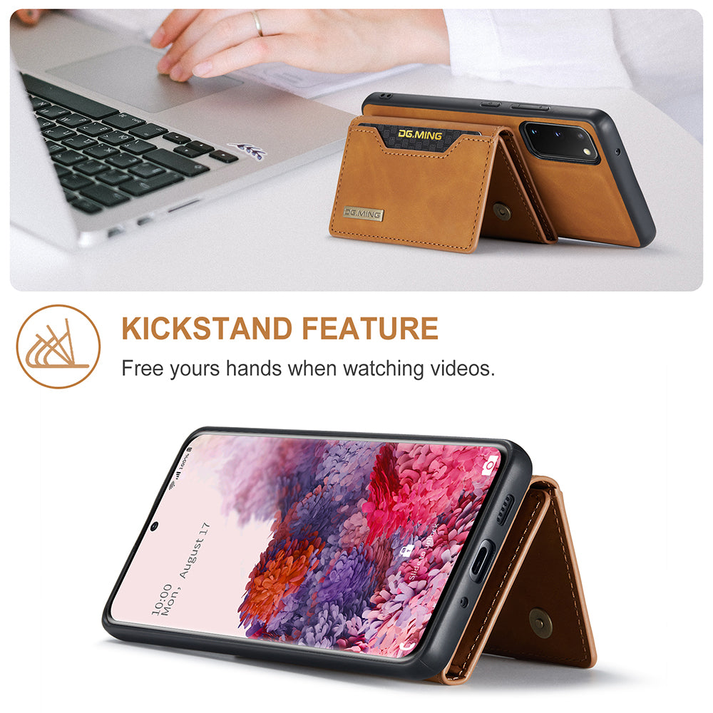 DG.MING M2 Series Wireless Charging Detachable Wallet 2-in-1 Shockproof Hybrid Phone Cover Shell with Horizontal-Viewing Kickstand for Samsung Galaxy S20 4G/S20 5G - Brown