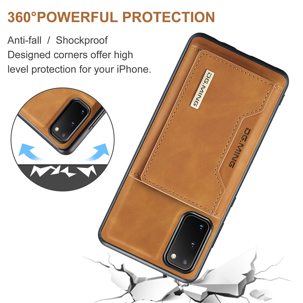 DG.MING M2 Series Wireless Charging Detachable Wallet 2-in-1 Shockproof Hybrid Phone Cover Shell with Horizontal-Viewing Kickstand for Samsung Galaxy S20 4G/S20 5G - Brown