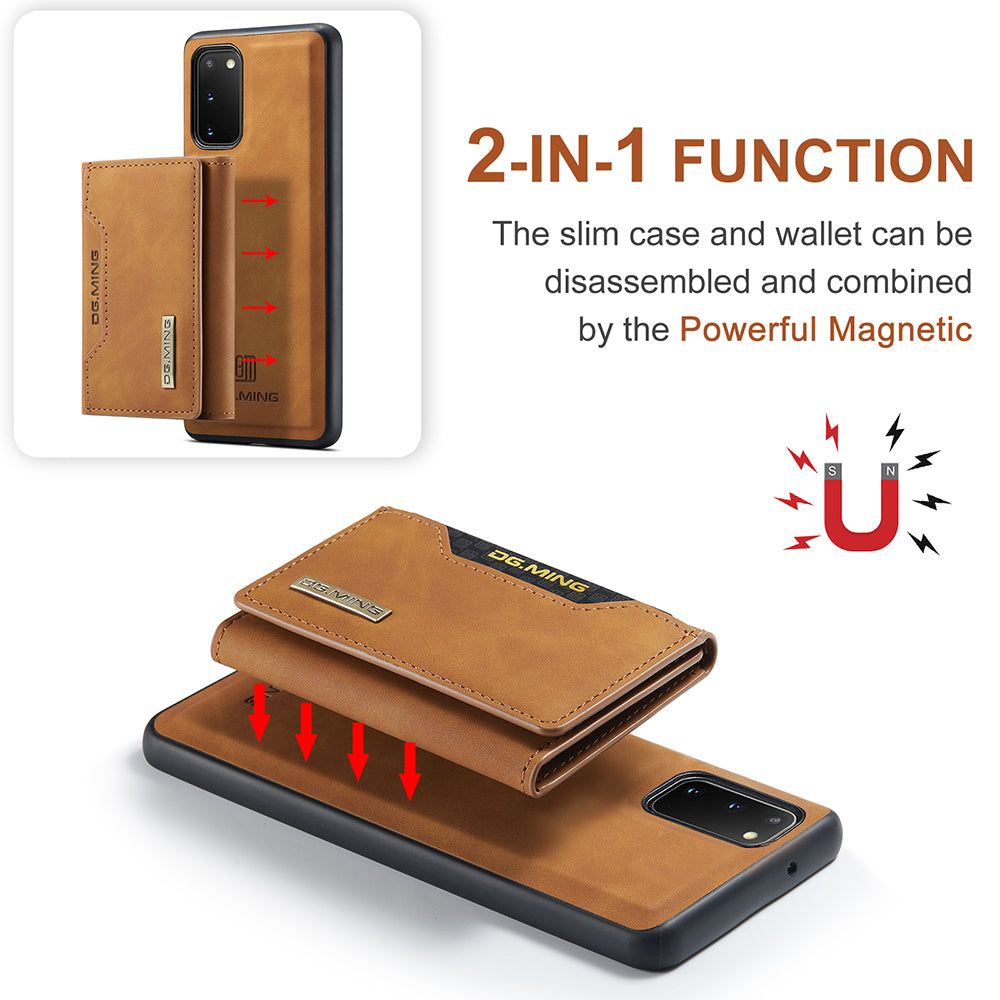 DG.MING M2 Series Wireless Charging Detachable Wallet 2-in-1 Shockproof Hybrid Phone Cover Shell with Horizontal-Viewing Kickstand for Samsung Galaxy S20 4G/S20 5G - Brown