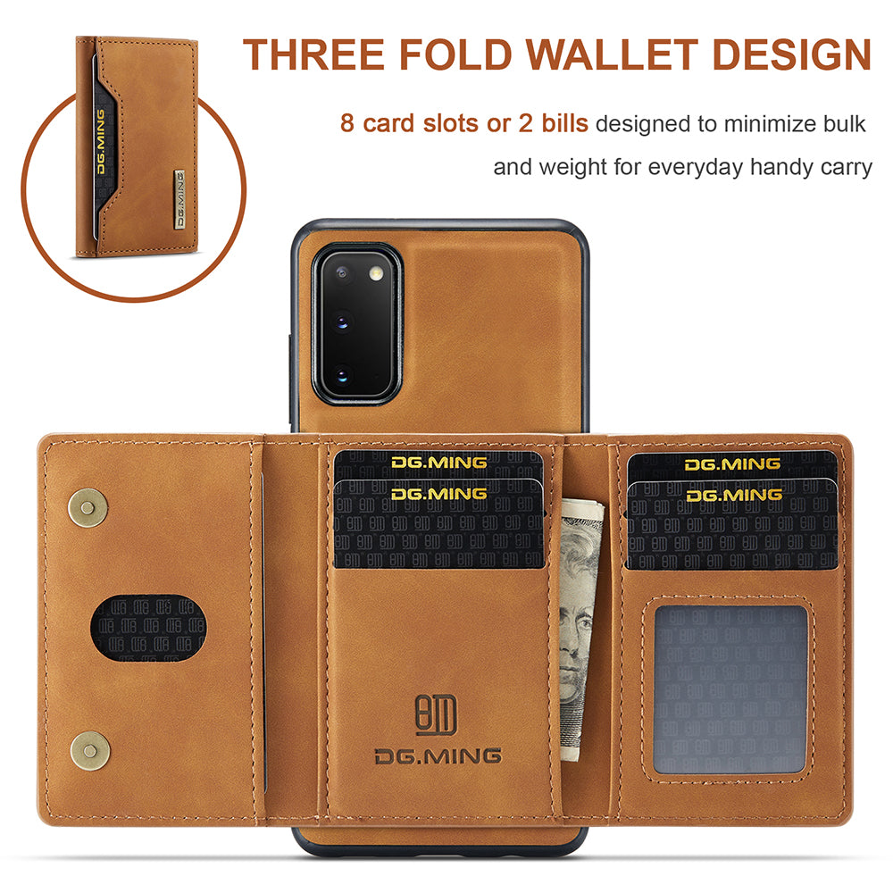 DG.MING M2 Series Wireless Charging Detachable Wallet 2-in-1 Shockproof Hybrid Phone Cover Shell with Horizontal-Viewing Kickstand for Samsung Galaxy S20 4G/S20 5G - Brown