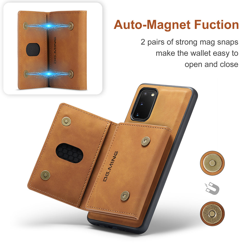 DG.MING M2 Series Wireless Charging Detachable Wallet 2-in-1 Shockproof Hybrid Phone Cover Shell with Horizontal-Viewing Kickstand for Samsung Galaxy S20 4G/S20 5G - Brown