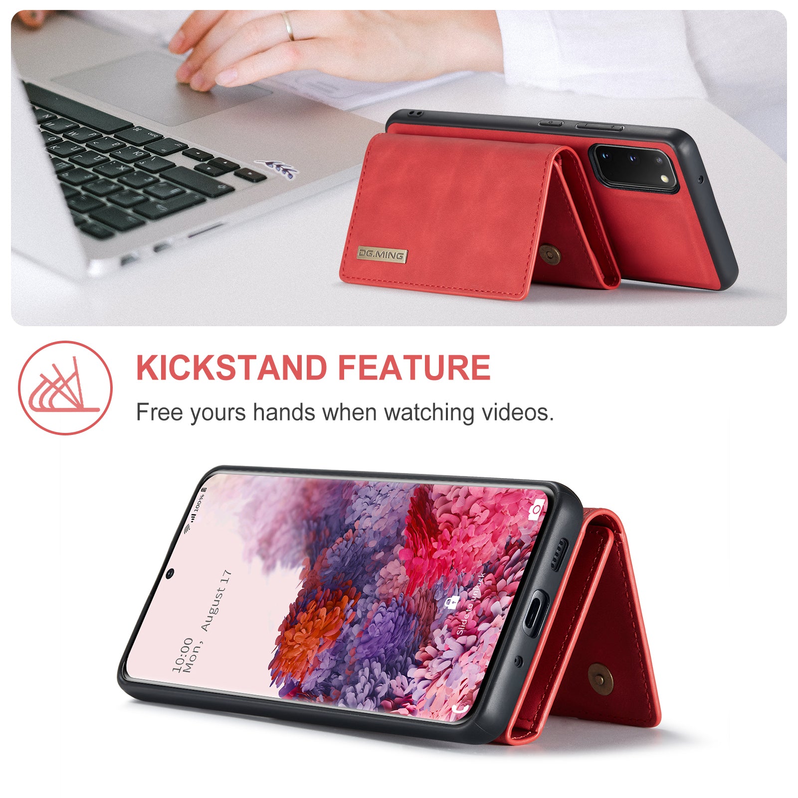 DG.MING M1 Series Powerful Magnet Wireless Charging Anti-Scratch Detachable Wallet 2-in-1 Hybrid Phone Shell with Kickstand for Samsung Galaxy S20 4G/S20 5G - Red