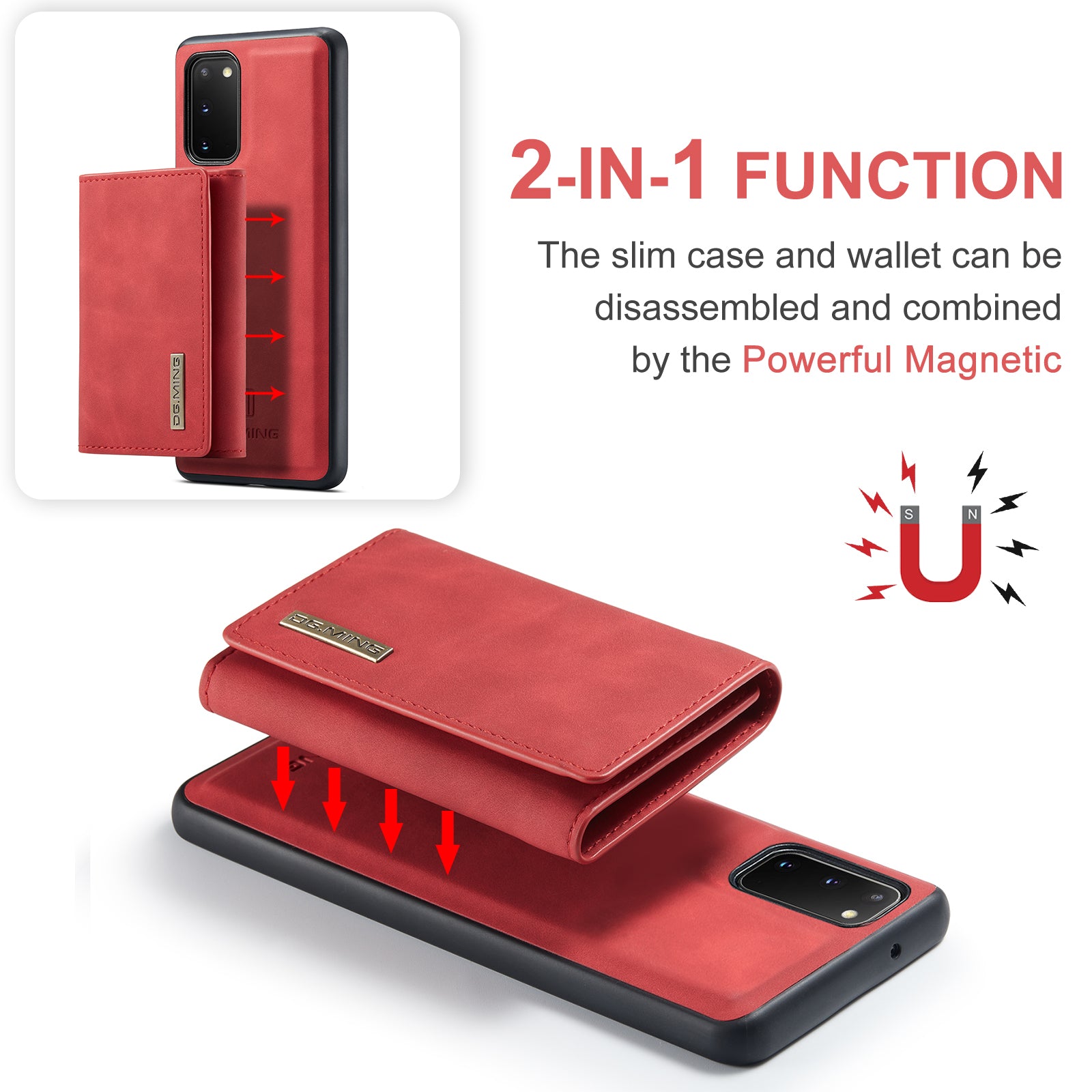 DG.MING M1 Series Powerful Magnet Wireless Charging Anti-Scratch Detachable Wallet 2-in-1 Hybrid Phone Shell with Kickstand for Samsung Galaxy S20 4G/S20 5G - Red