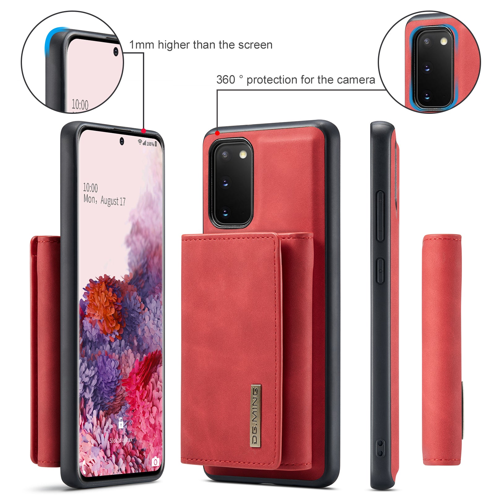 DG.MING M1 Series Powerful Magnet Wireless Charging Anti-Scratch Detachable Wallet 2-in-1 Hybrid Phone Shell with Kickstand for Samsung Galaxy S20 4G/S20 5G - Red