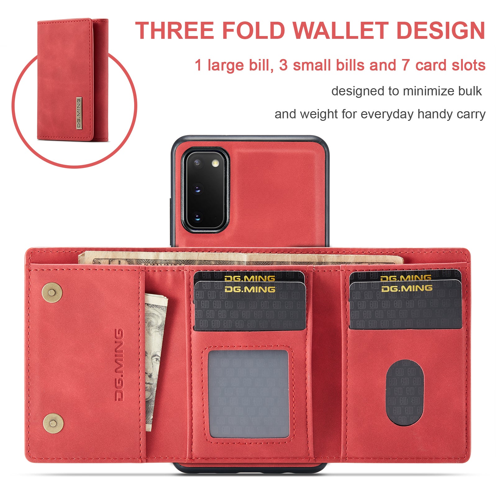 DG.MING M1 Series Powerful Magnet Wireless Charging Anti-Scratch Detachable Wallet 2-in-1 Hybrid Phone Shell with Kickstand for Samsung Galaxy S20 4G/S20 5G - Red