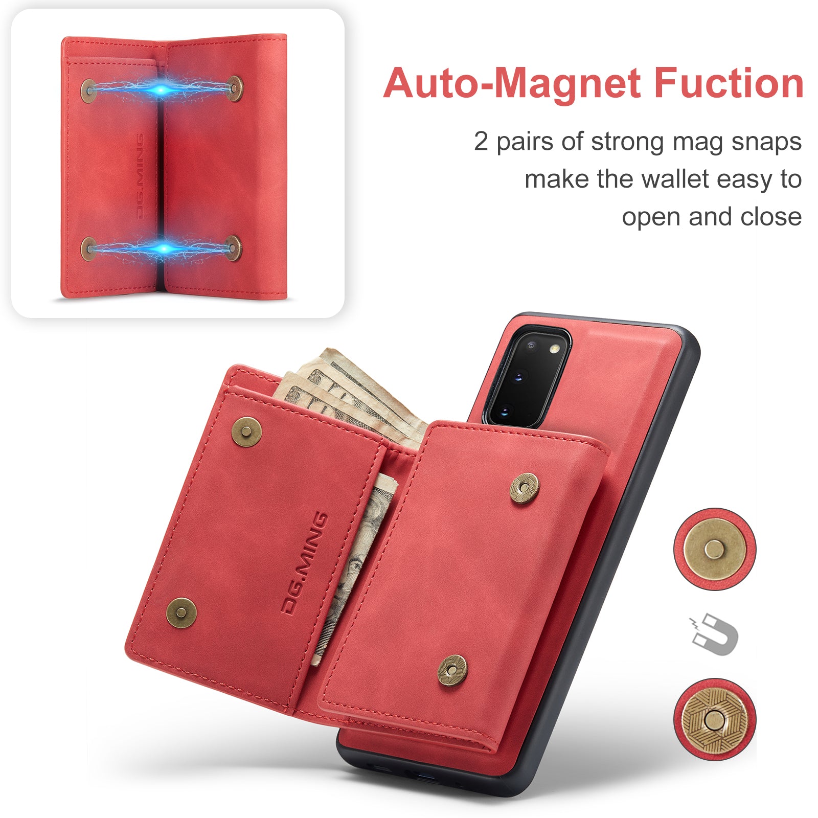 DG.MING M1 Series Powerful Magnet Wireless Charging Anti-Scratch Detachable Wallet 2-in-1 Hybrid Phone Shell with Kickstand for Samsung Galaxy S20 4G/S20 5G - Red