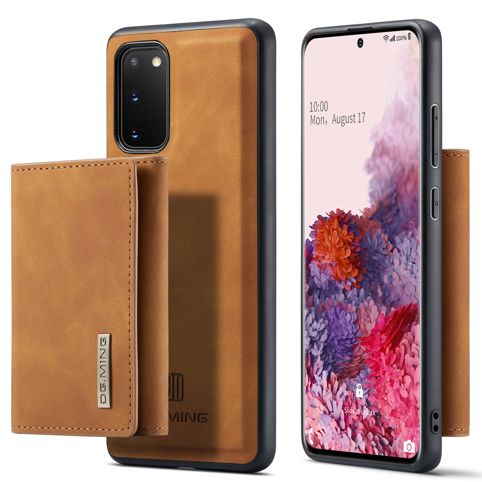 DG.MING M1 Series Powerful Magnet Wireless Charging Anti-Scratch Detachable Wallet 2-in-1 Hybrid Phone Shell with Kickstand for Samsung Galaxy S20 4G/S20 5G - Brown