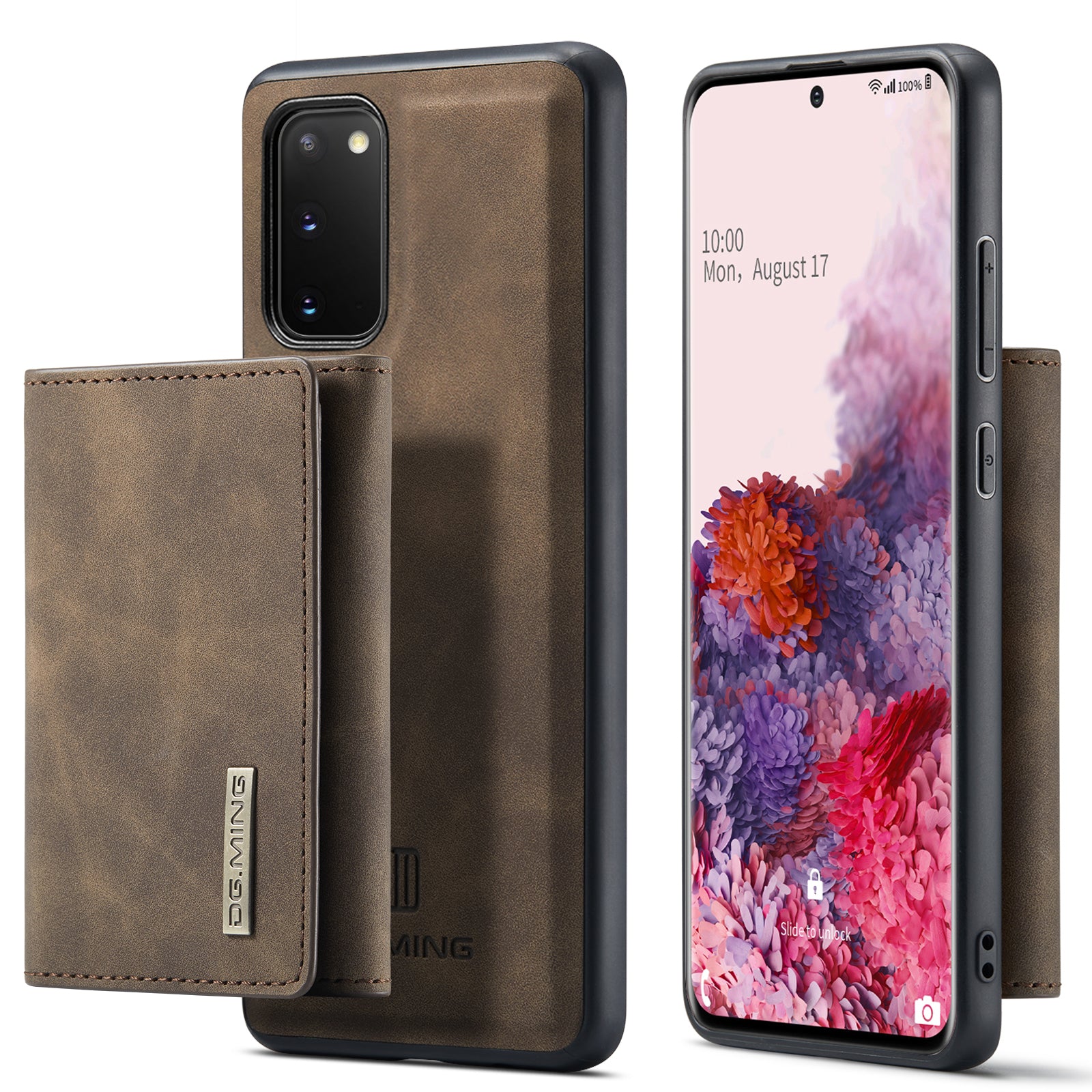 DG.MING M1 Series Powerful Magnet Wireless Charging Anti-Scratch Detachable Wallet 2-in-1 Hybrid Phone Shell with Kickstand for Samsung Galaxy S20 4G/S20 5G - Coffee