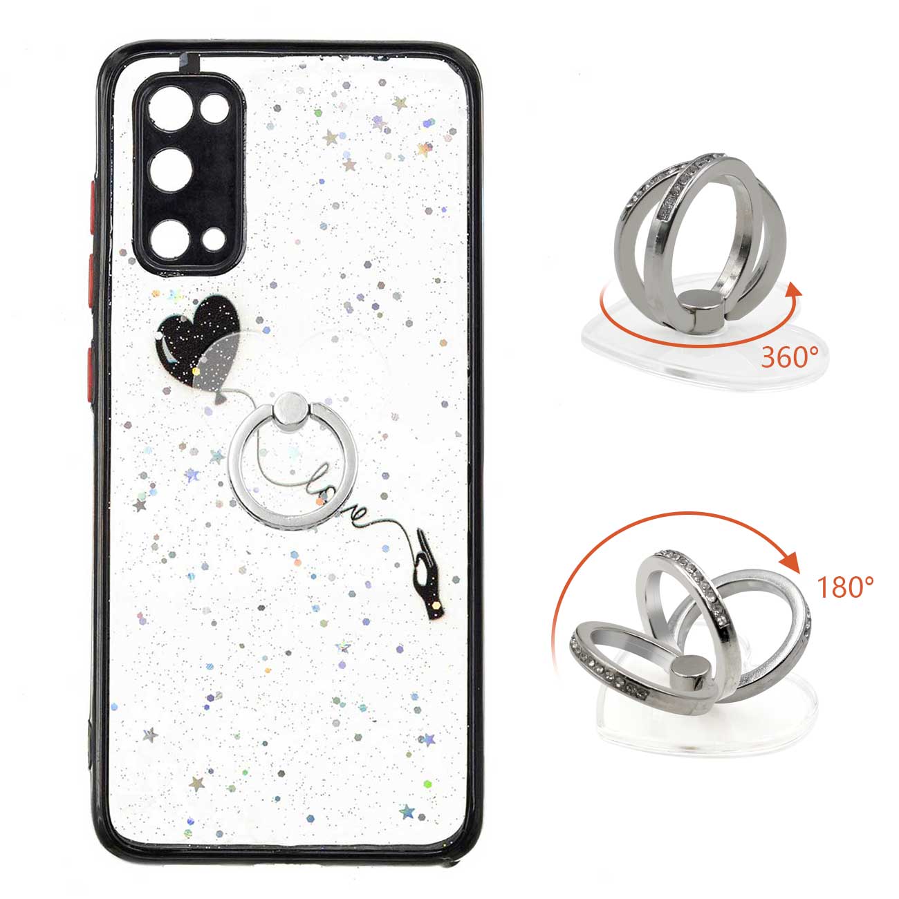 Soft TPU + Hard PC Back Cover Pattern Printing Precise Cutout Epoxy Case with Rotating Ring Kickstand for Samsung Galaxy S20 4G/S20 5G - Love Heart