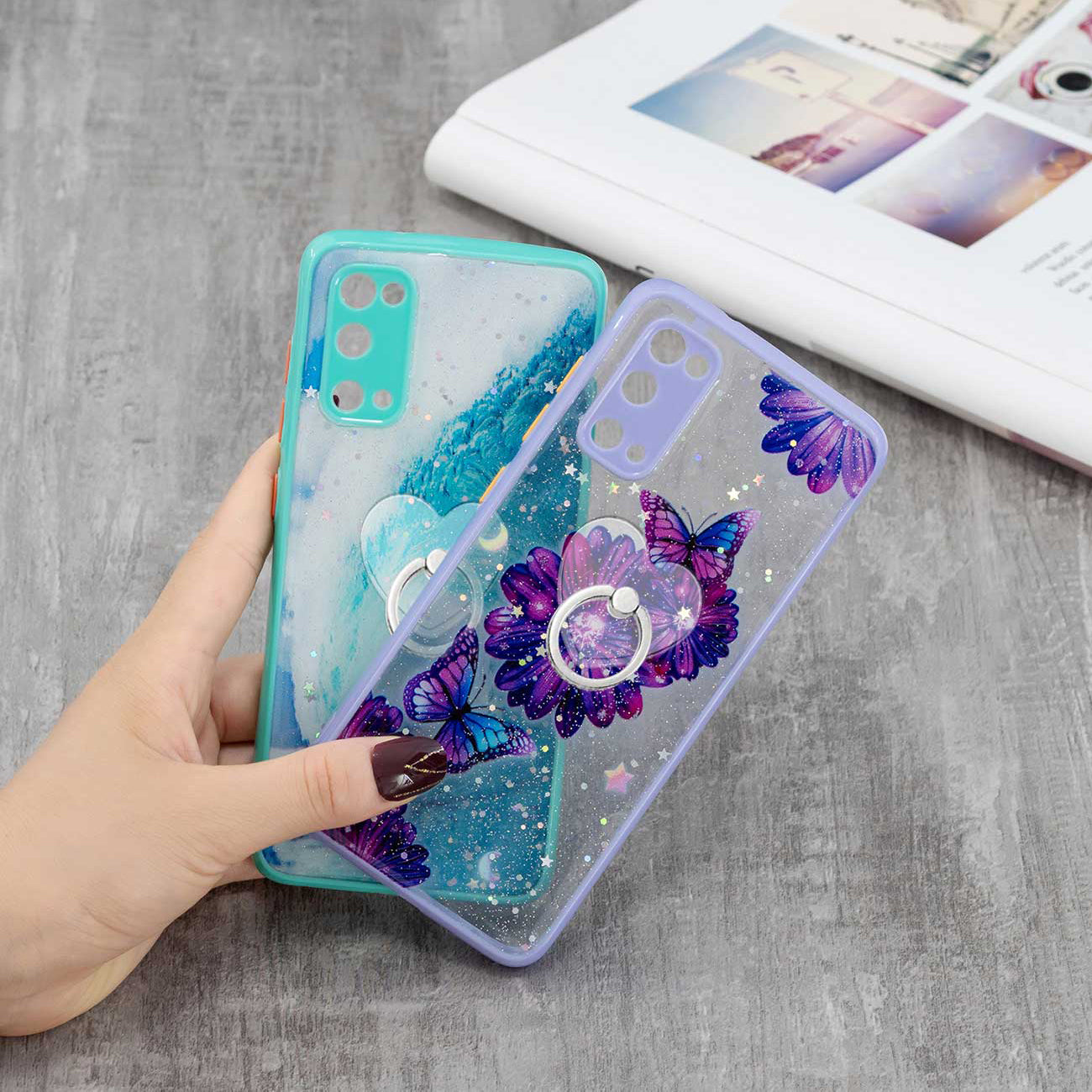 Soft TPU + Hard PC Back Cover Pattern Printing Precise Cutout Epoxy Case with Rotating Ring Kickstand for Samsung Galaxy S20 4G/S20 5G - Love Heart