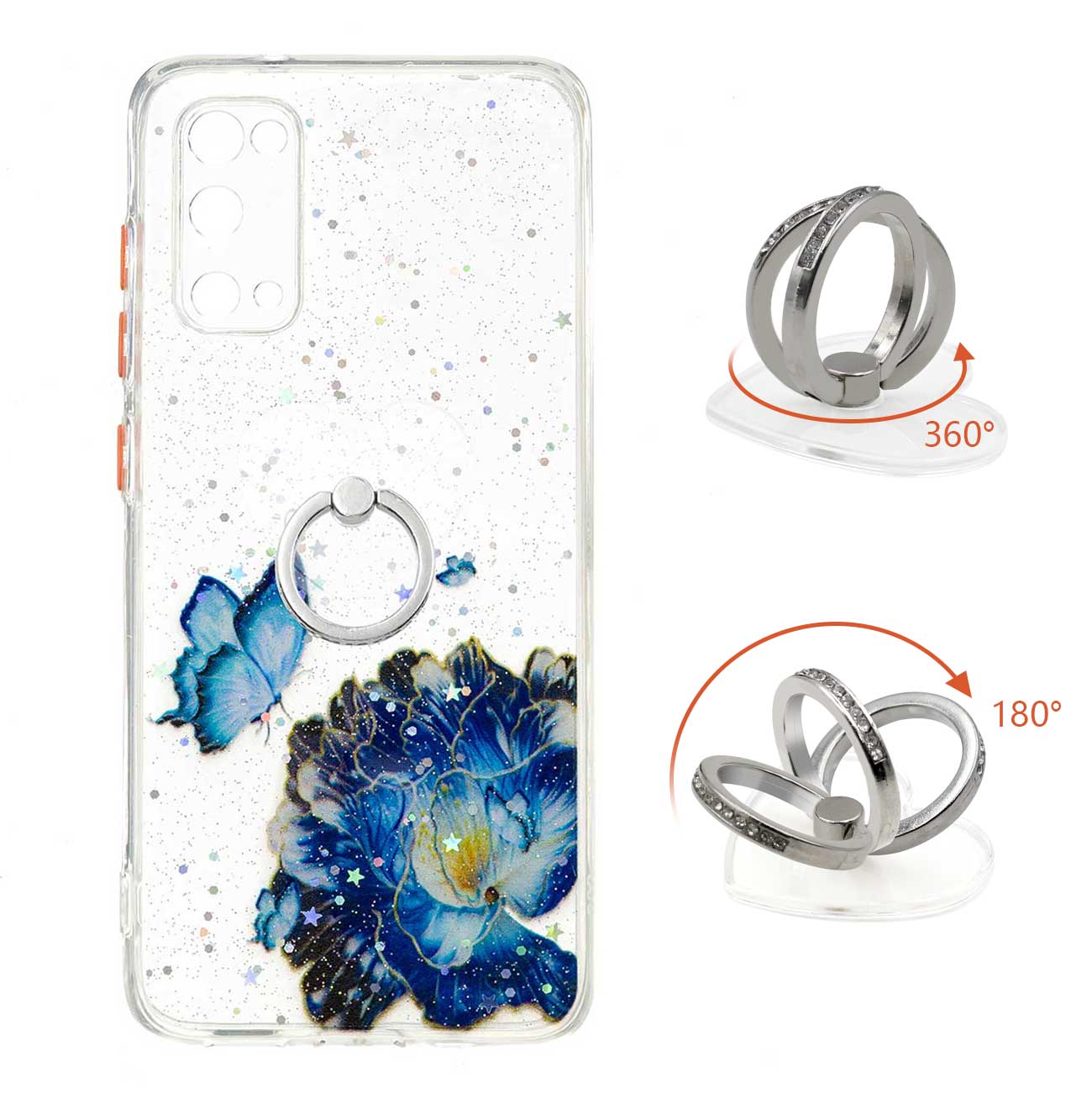 Soft TPU + Hard PC Back Cover Pattern Printing Precise Cutout Epoxy Case with Rotating Ring Kickstand for Samsung Galaxy S20 4G/S20 5G - Blue Butterfly