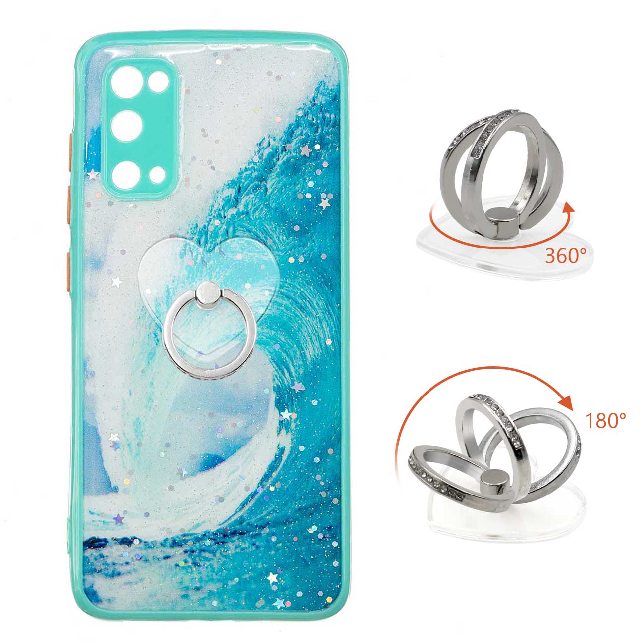 Soft TPU + Hard PC Back Cover Pattern Printing Precise Cutout Epoxy Case with Rotating Ring Kickstand for Samsung Galaxy S20 4G/S20 5G - Waves