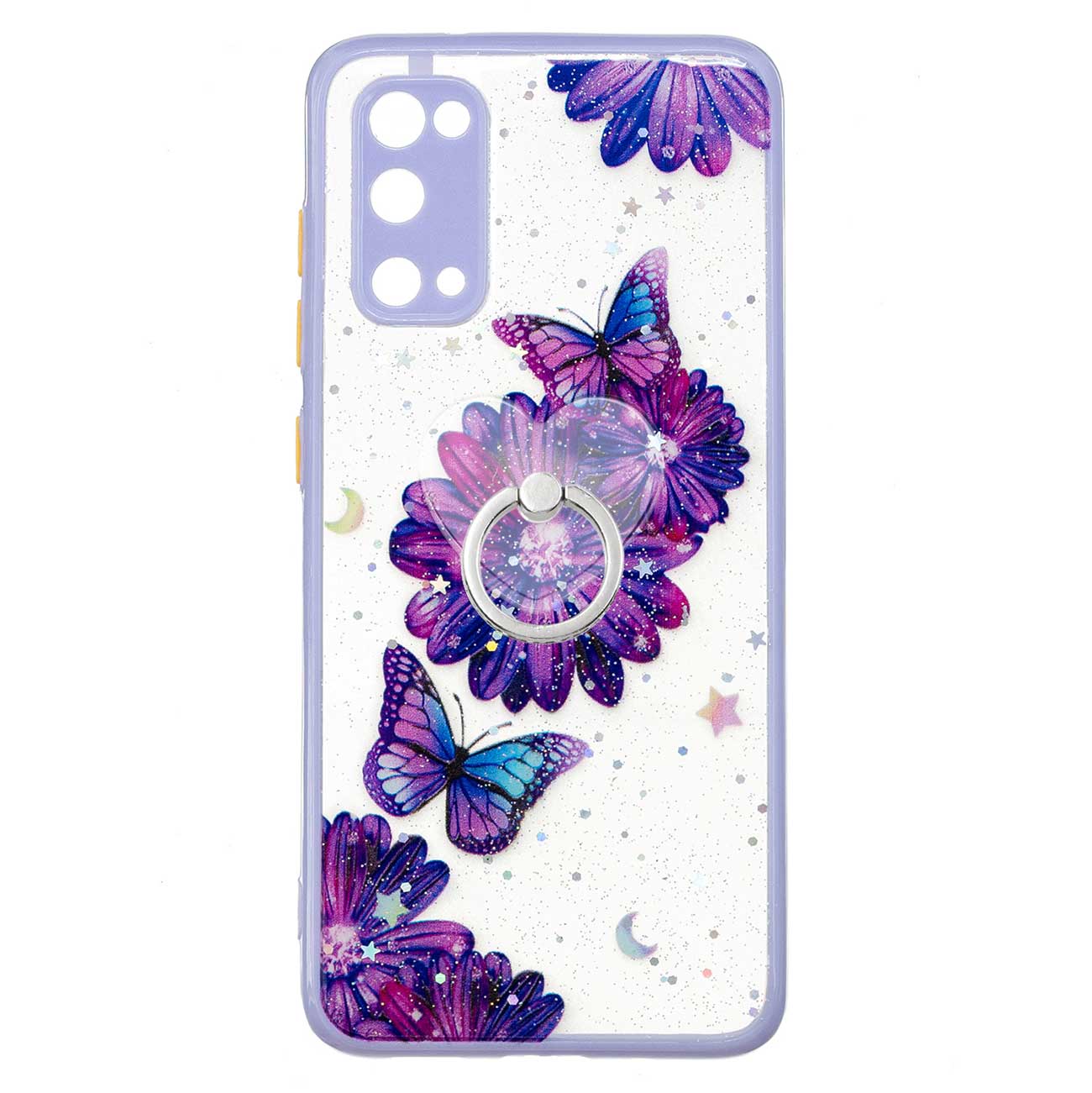 Soft TPU + Hard PC Back Cover Pattern Printing Precise Cutout Epoxy Case with Rotating Ring Kickstand for Samsung Galaxy S20 4G/S20 5G - Purple Flower Butterfly