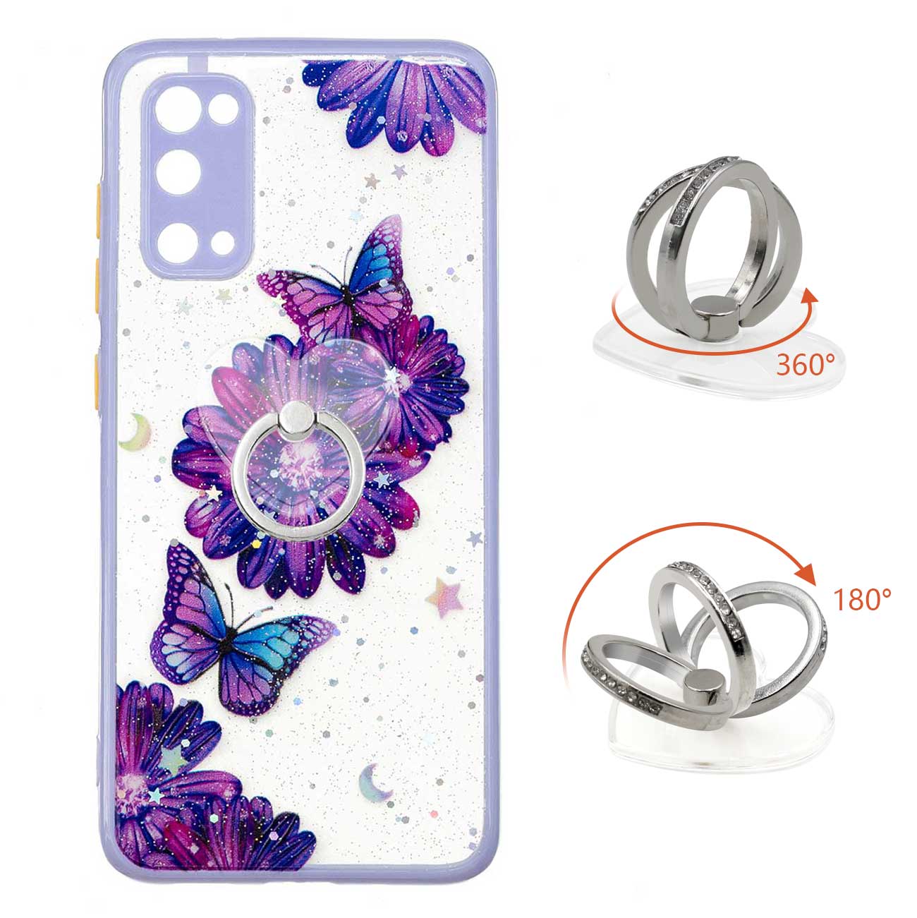 Soft TPU + Hard PC Back Cover Pattern Printing Precise Cutout Epoxy Case with Rotating Ring Kickstand for Samsung Galaxy S20 4G/S20 5G - Purple Flower Butterfly