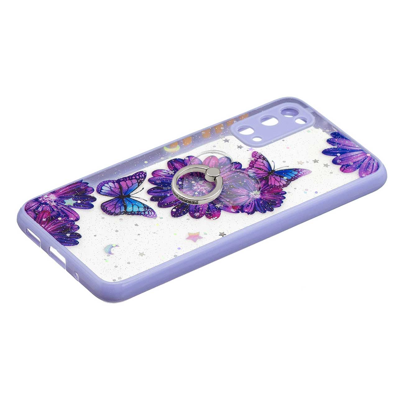 Soft TPU + Hard PC Back Cover Pattern Printing Precise Cutout Epoxy Case with Rotating Ring Kickstand for Samsung Galaxy S20 4G/S20 5G - Purple Flower Butterfly