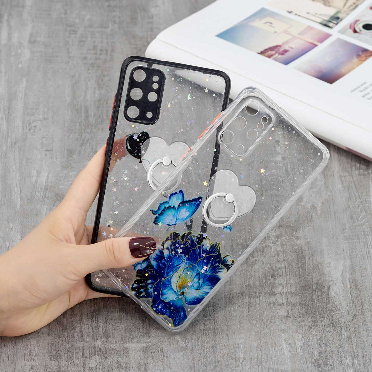 Rotatable Ring Kickstand TPU + PC Protective Cover Pattern Printing Epoxy Precise Cutout Case for Samsung Galaxy Plus 4G / 5G - Blue Butterfly