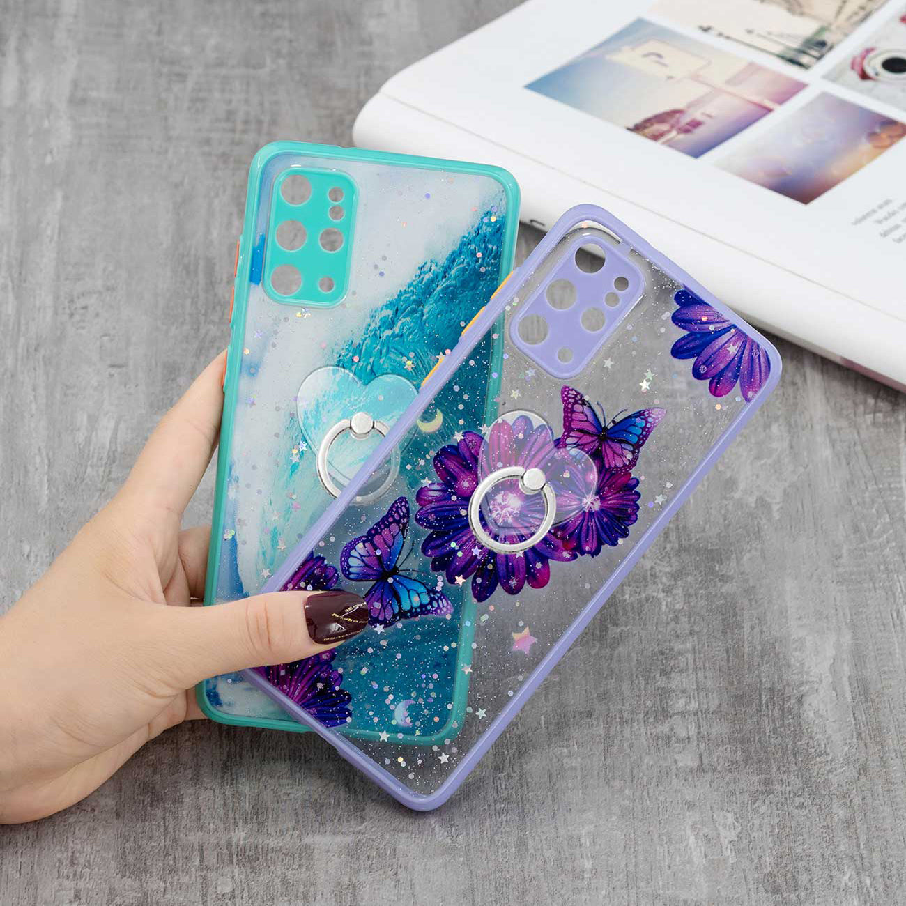 Rotatable Ring Kickstand TPU + PC Protective Cover Pattern Printing Epoxy Precise Cutout Case for Samsung Galaxy Plus 4G / 5G - Blue Butterfly