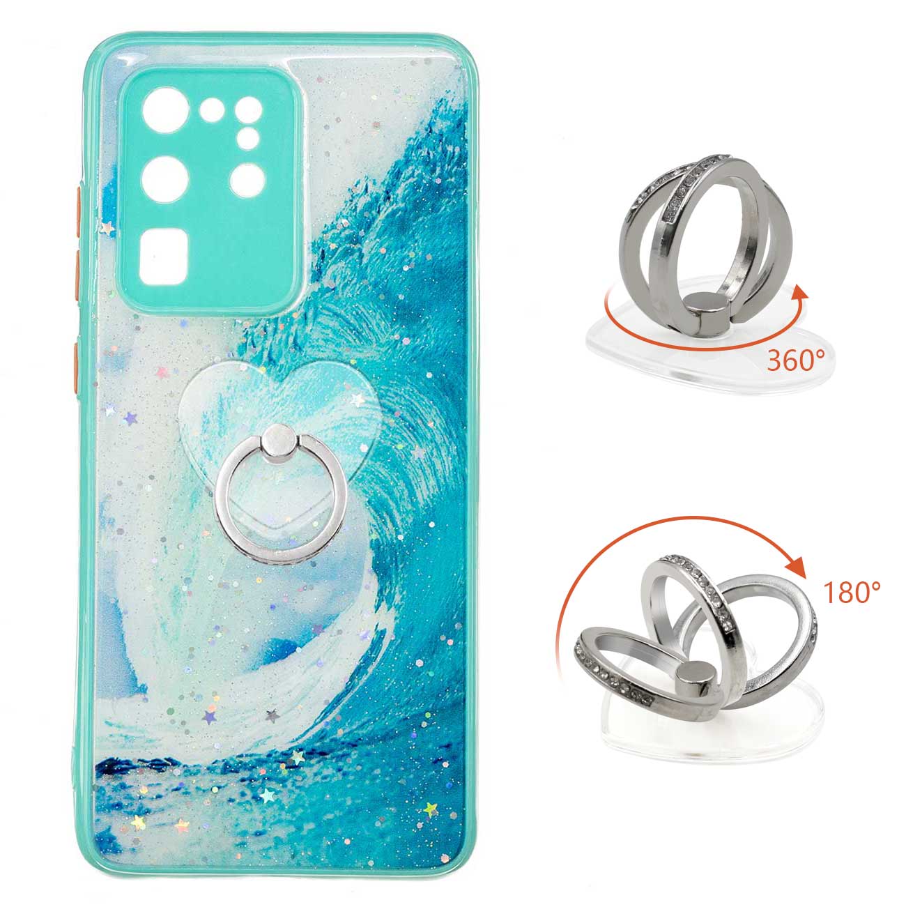 Ring Kickstand Rugged TPU + PC Cover Epoxy Pattern Printing Precise Cutout Case for Samsung Galaxy S20 Ultra - Waves