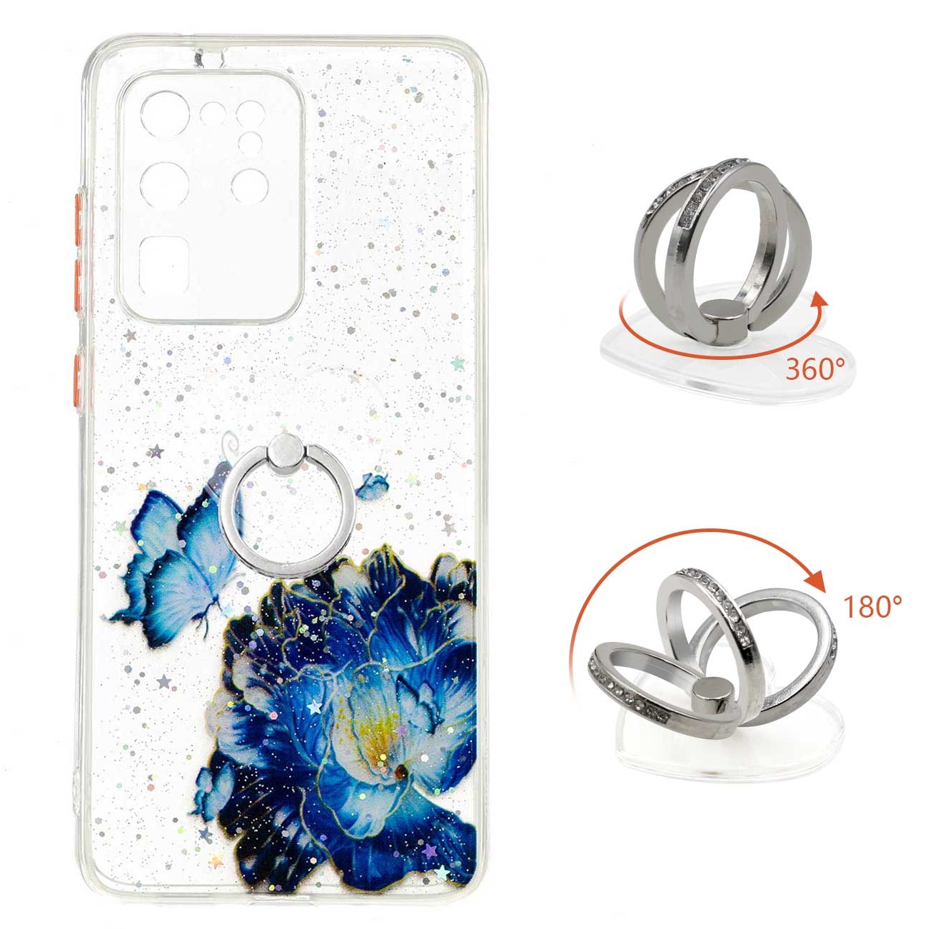 Ring Kickstand Rugged TPU + PC Cover Epoxy Pattern Printing Precise Cutout Case for Samsung Galaxy S20 Ultra - Blue Butterfly