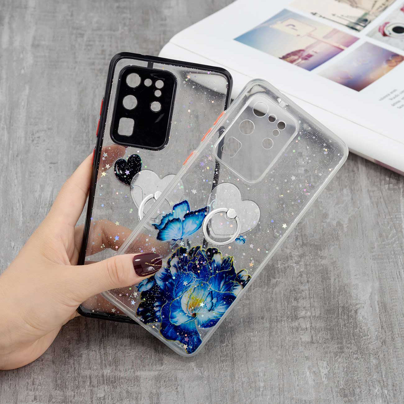 Ring Kickstand Rugged TPU + PC Cover Epoxy Pattern Printing Precise Cutout Case for Samsung Galaxy S20 Ultra - Blue Butterfly