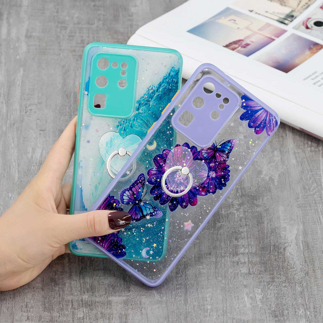 Ring Kickstand Rugged TPU + PC Cover Epoxy Pattern Printing Precise Cutout Case for Samsung Galaxy S20 Ultra - Blue Butterfly