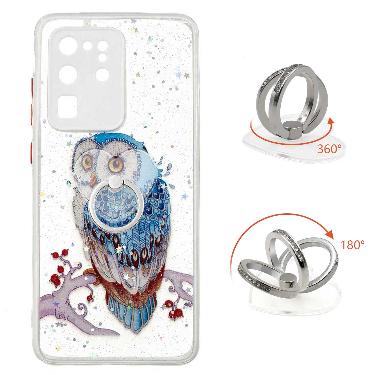 Ring Kickstand Rugged TPU + PC Cover Epoxy Pattern Printing Precise Cutout Case for Samsung Galaxy S20 Ultra - Owl