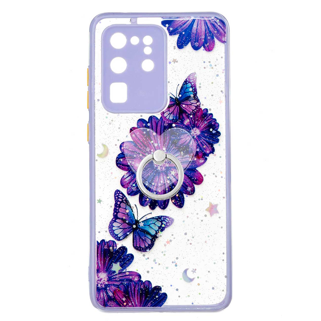 Ring Kickstand Rugged TPU + PC Cover Epoxy Pattern Printing Precise Cutout Case for Samsung Galaxy S20 Ultra - Purple Flower Butterfly