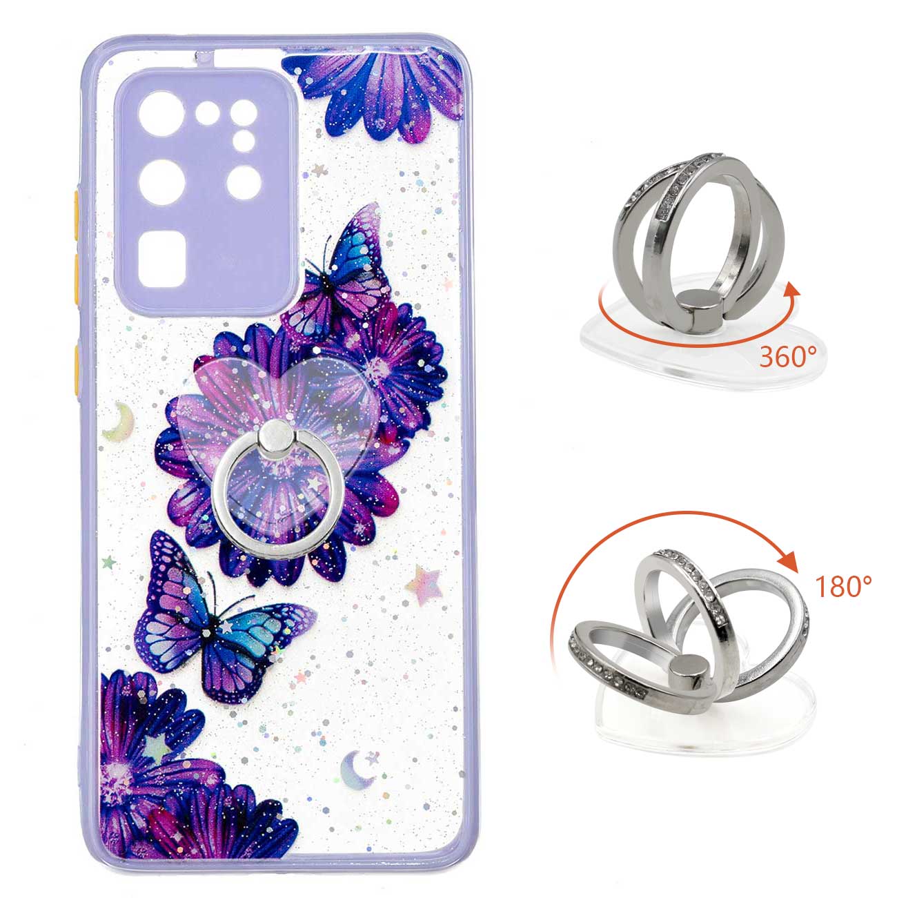 Ring Kickstand Rugged TPU + PC Cover Epoxy Pattern Printing Precise Cutout Case for Samsung Galaxy S20 Ultra - Purple Flower Butterfly