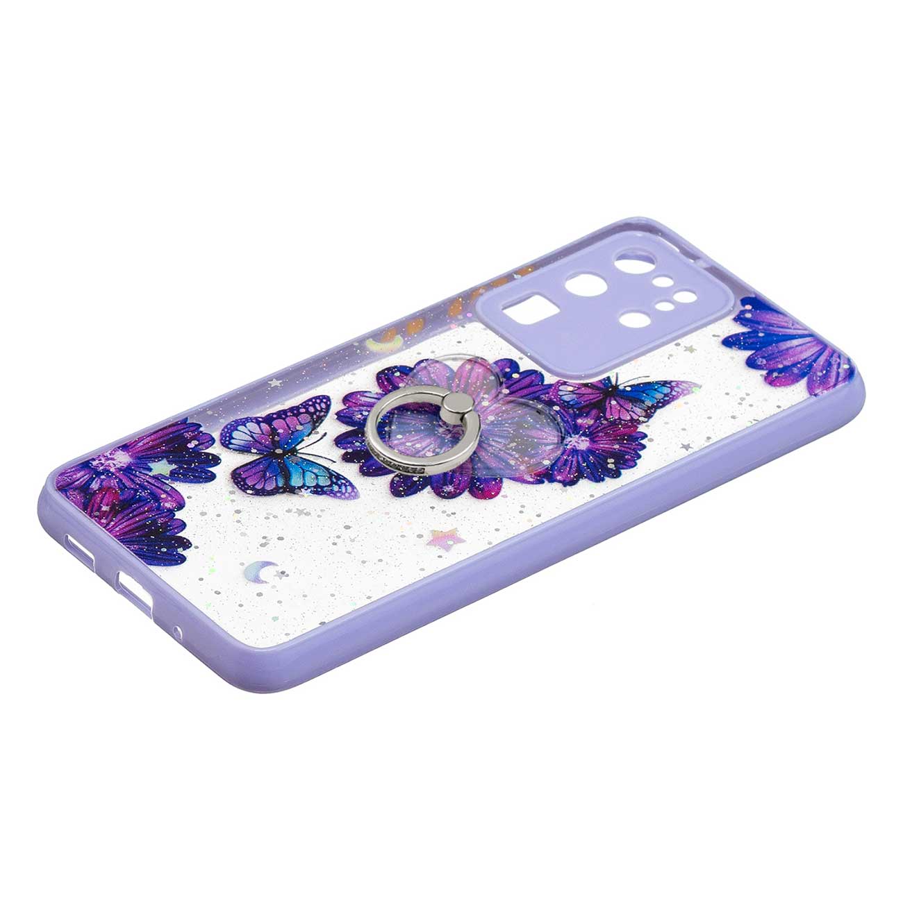 Ring Kickstand Rugged TPU + PC Cover Epoxy Pattern Printing Precise Cutout Case for Samsung Galaxy S20 Ultra - Purple Flower Butterfly