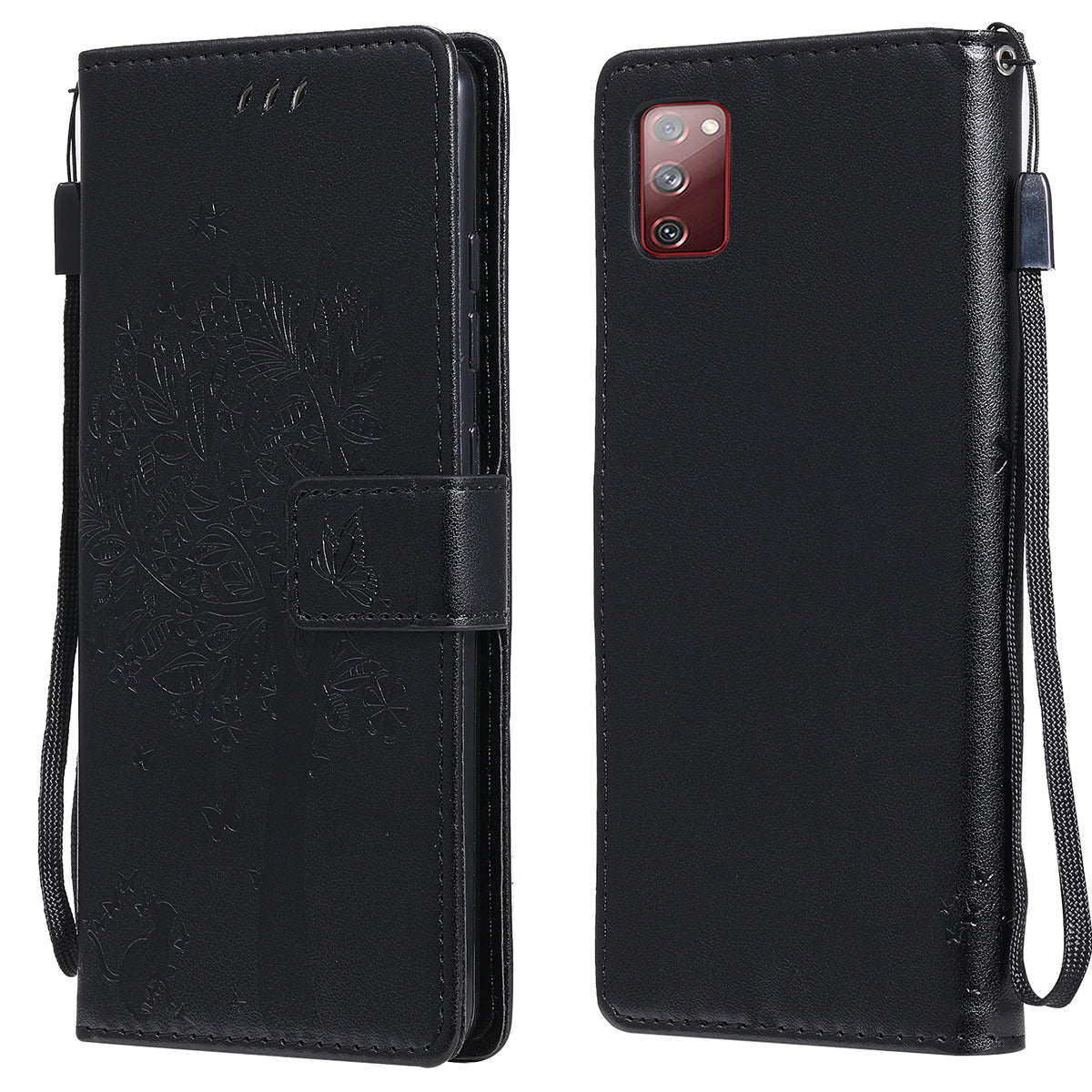 Wallet Stand Design Full Protection KT Imprinting Flower Series-3 Cat and Tree Imprinting Leather Cover + TPU Inner Phone Case for Samsung Galaxy S20 FE 2022/S20 FE 4G/S20 FE 5G/S20 Lite - Black